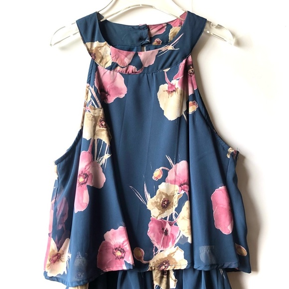 Peach Love California Blue Floral Print High Waisted Halter Neck Chiffon Romper - Picture 7 of 16